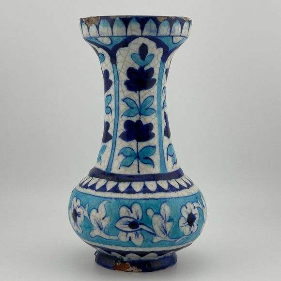 Antique Handmade Hand Painted Glazed Terracotta Vase Iznic Pottery Blue 6.5" H - Picture 3 of 12